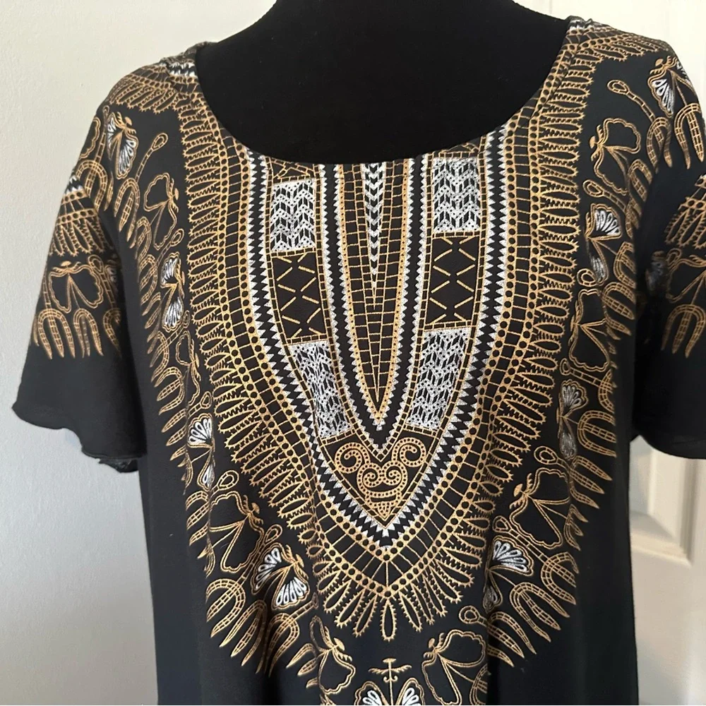 Apogee Dashiki African‎ Dress Black Gold Pattern Made in India XL Women's Size